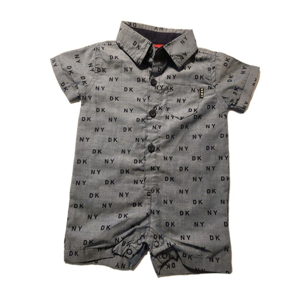 DKNY Child Boy Girl Unisex 6-9 Mo‎ Blue Button  Collared One Piece Logo Preppy!